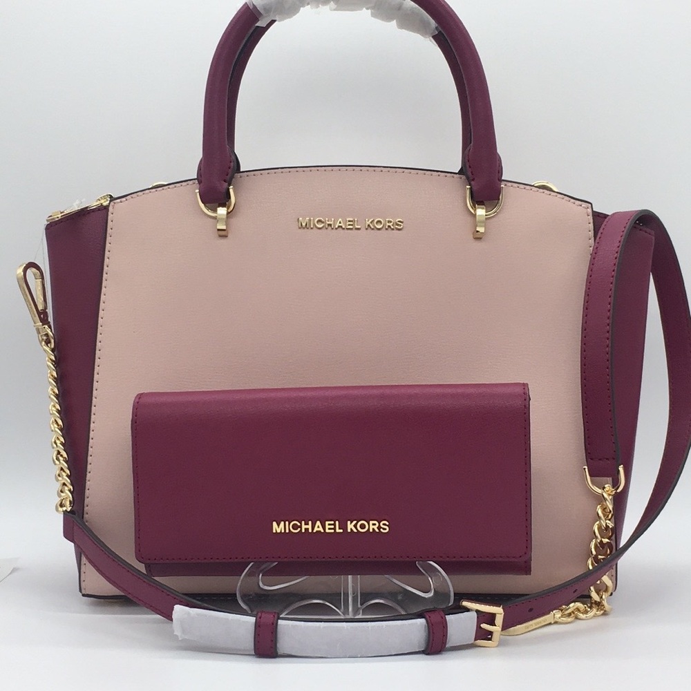MICHAEL KORS ELLIS LG SATCHEL & LG WALLET MAGENTA - Picture 1 of 8